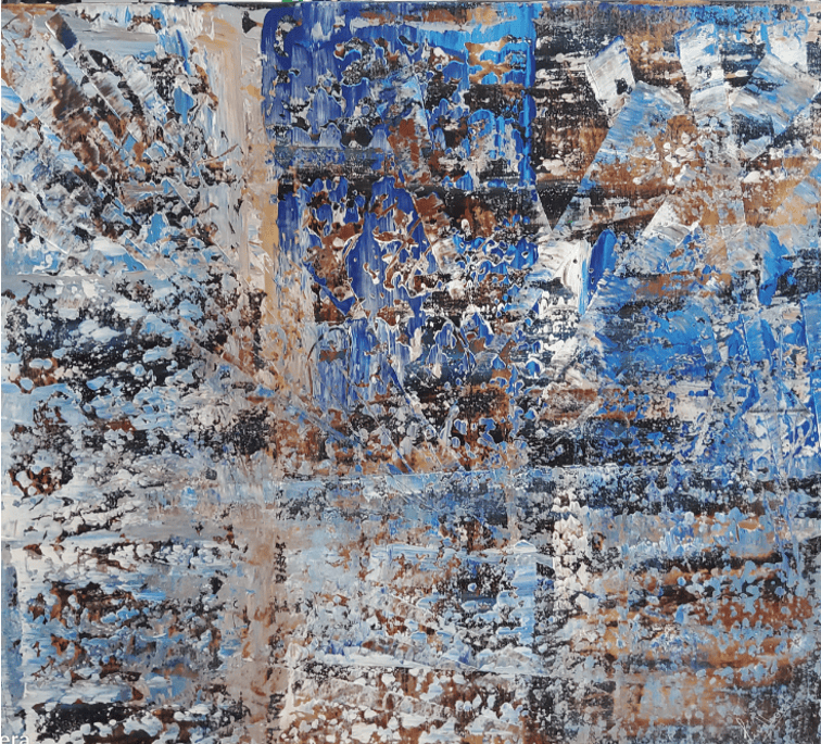 Abstraktes Acrylgemälde von in Blau, Weiß und Erdtönen