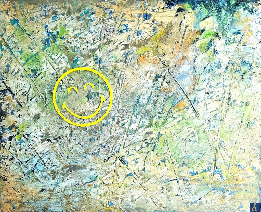 Das Grinsen im Chaos - abstraktes Acrylbild in Grün, Geld und Blau