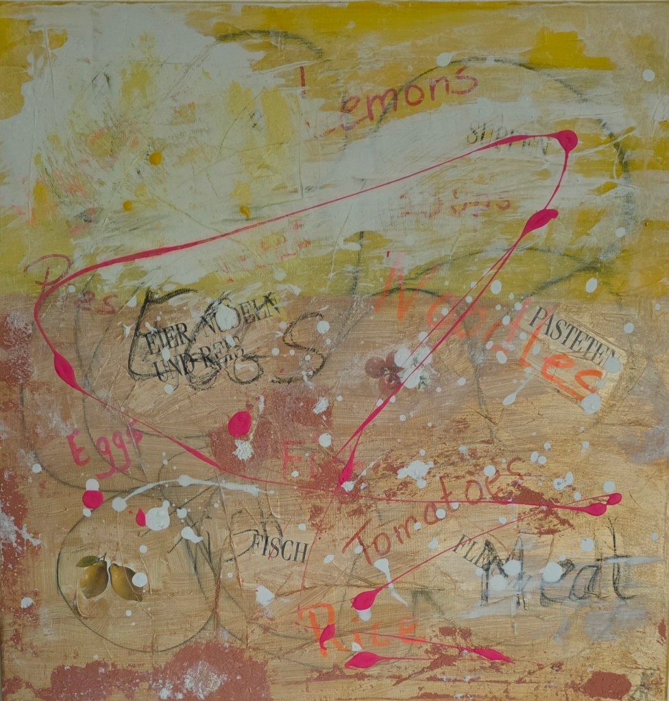 Resteauflauf - ein Bild für Küche oder Esszimmer in Orange, Gelb und Pink zum Teil mit Collage
