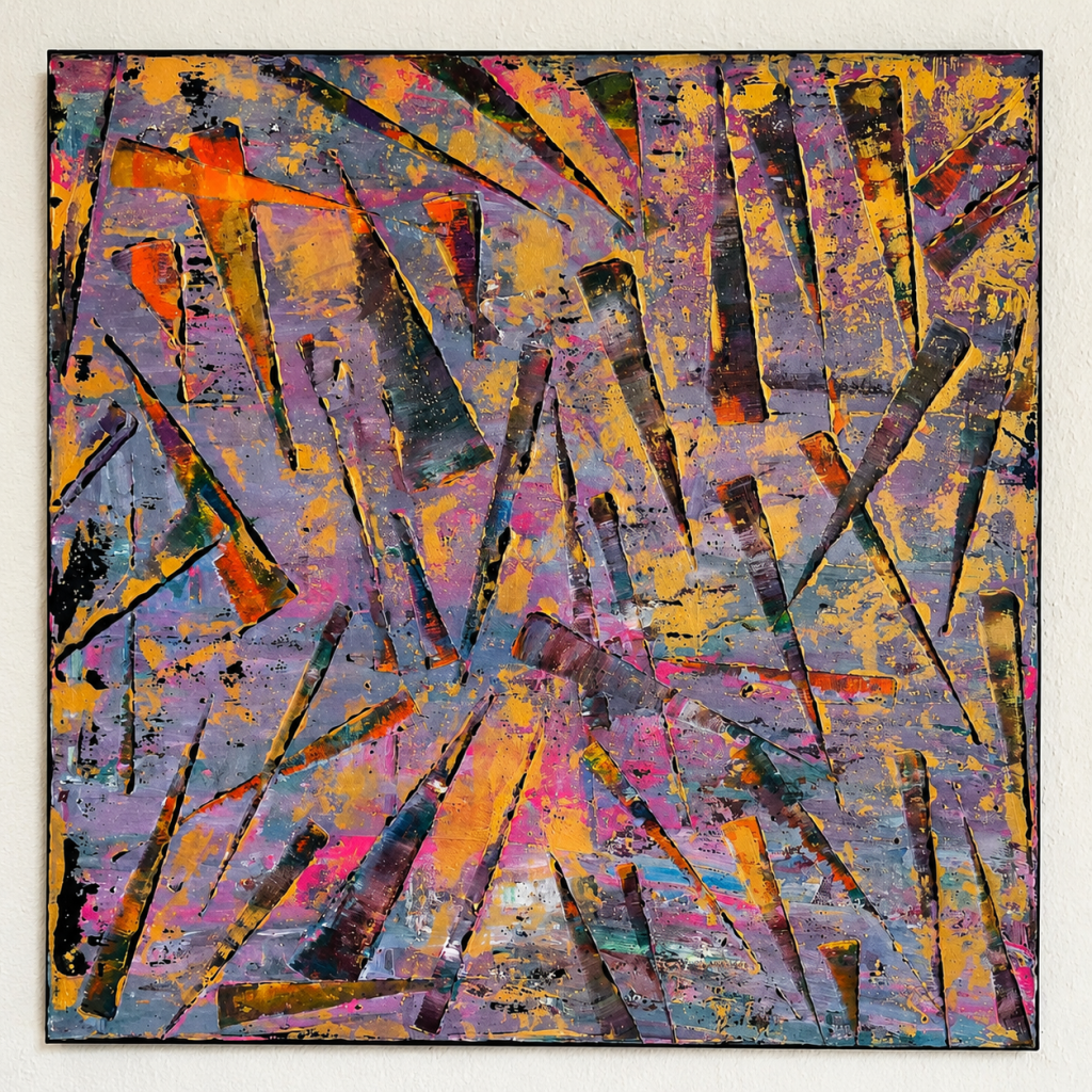 Farbenflug - ein Acrylbild in Blau, Orange und Gold