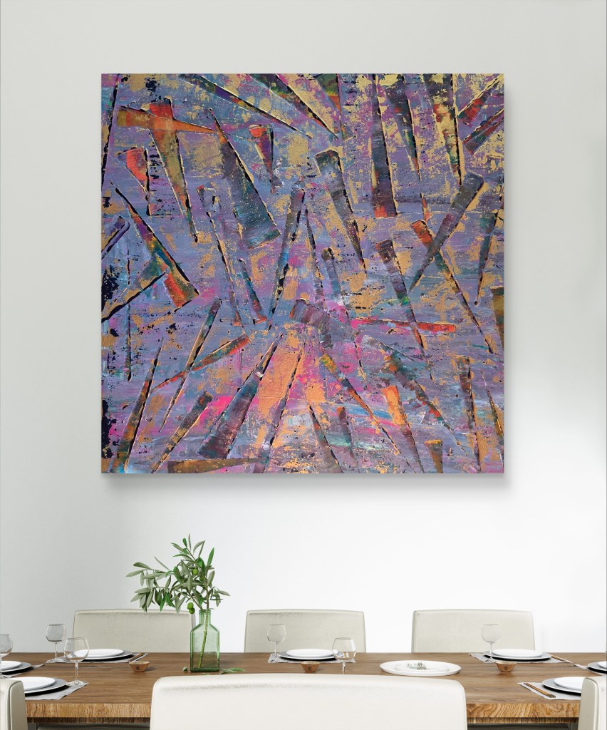 Farbenflug - ein Acrylild in Blau, Orange und Gold in Esszimmer