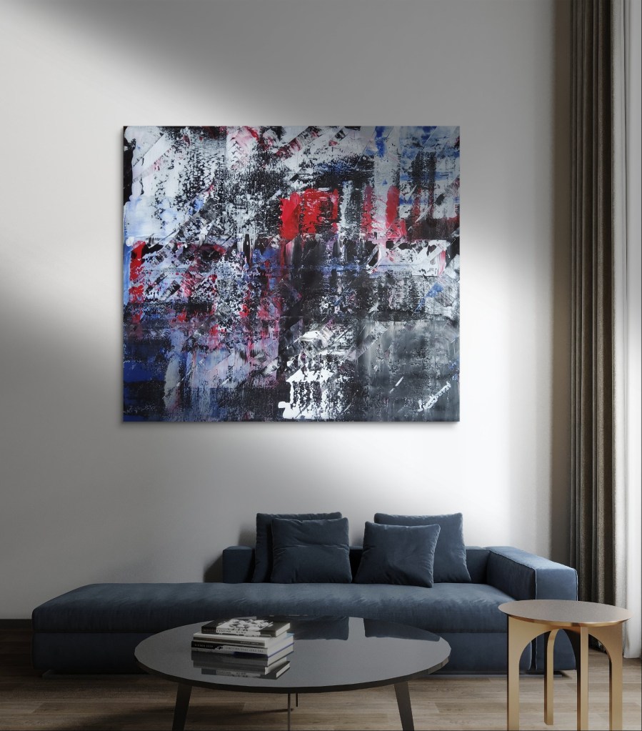 Farbklänge - ein abstraktes Acrylbild in Rot, Schwarz, Weiß und Blau über Sofa