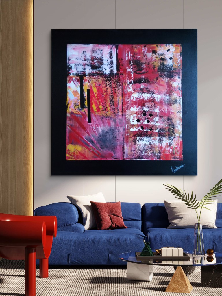 Feuer & Licht - ein abstraktes Acrylbild mit schwarzem Rand in Rot, Weiß, Geld und Schwarz über einem blauen Sofa