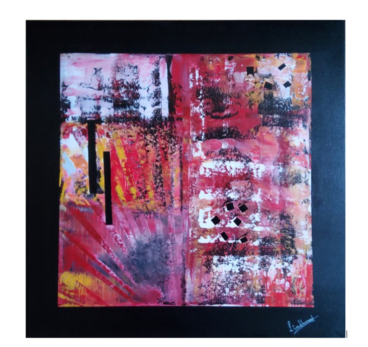Feuer & Licht - ein abstraktes Acrylbild mit schwarzem Rand in Rot, Weiß, Geld und Schwarz