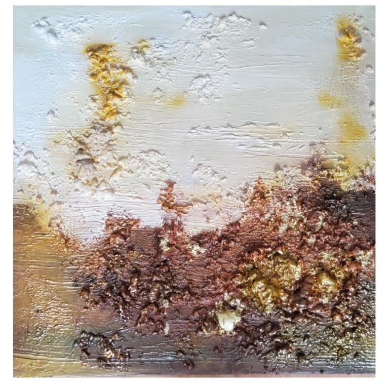Golden Nugget - ein abstraktes Acrylbild in Weiß, Sand, Braun und Gold mit Bauschaum