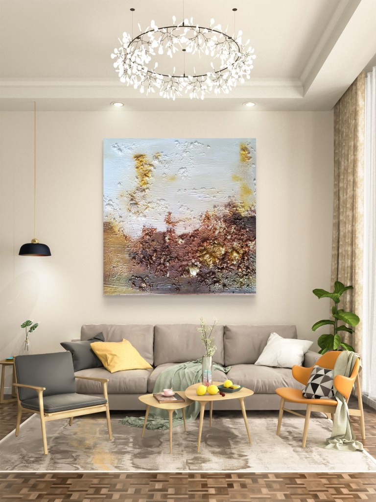 Golden Nugget - ein abstraktes Acrylbild in Weiß, Sand, Braun und Gold mit Bauschaum über Sofa