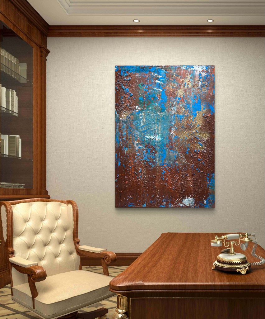 Goldene Patina - ein abstraktes Acrylbild in Blau, Grün, Braun und Gold mit Struktur im Büro