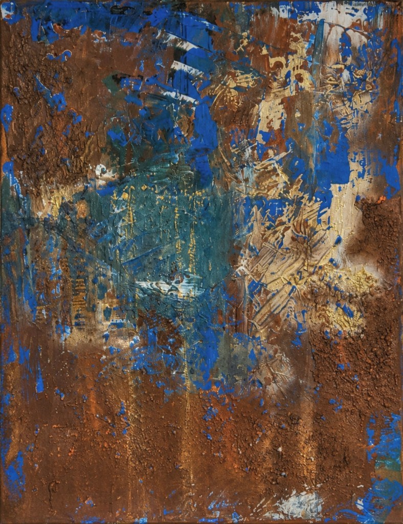 Goldene Patina - ein abstraktes Acrylbild in Blau, Grün, Braun und Gold mit Struktur