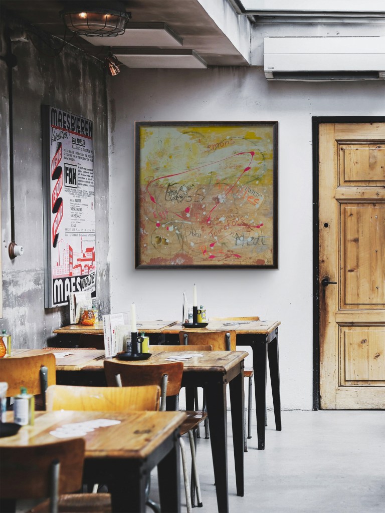 Resteauflauf - ein Bild für Küche oder Esszimmer in Gelb, Orange und Pink zum Teil Collage in Lokal