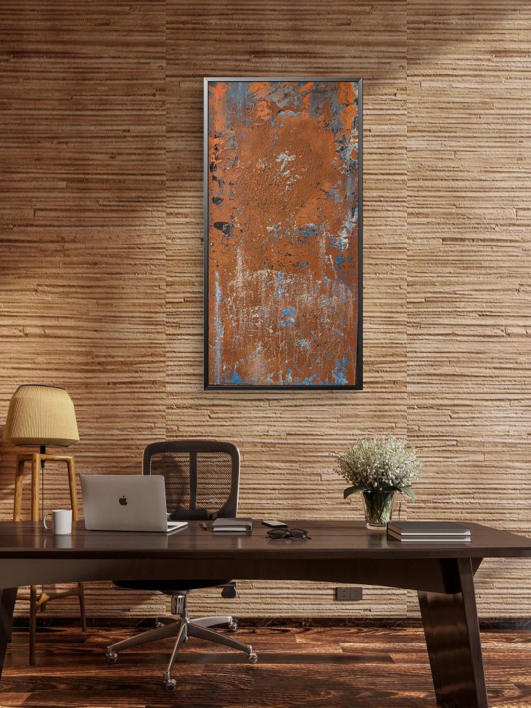 Krustenmeer - ein Acrylbildaus meiner Serie Rost. Blau, Braun, Weiß Sand. Hier dargestellt in einem Büro