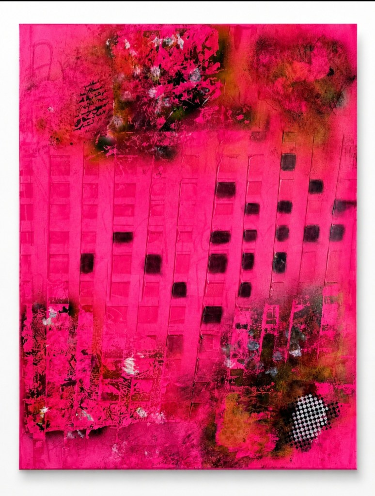 Abstraktes Acrylgemälde "Neon Pulse" in Pink, Gold, Schwarz, Weiß