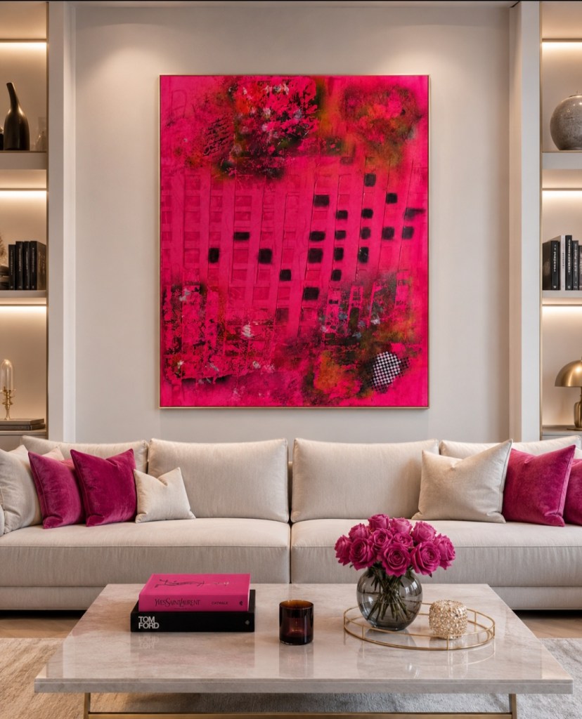 Neon Pulse - ein abstraktes Acrylgemälde über einem Sofa im modernen Wohnzimmer