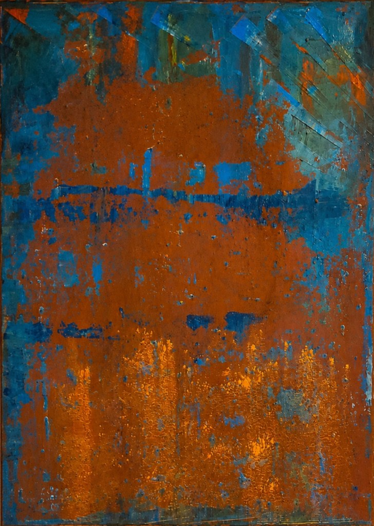 Rostige Harmonie - ein abstraktes Acrylbild aus meiner Serie Rost in Braun, Blau und Orange, Sand.
