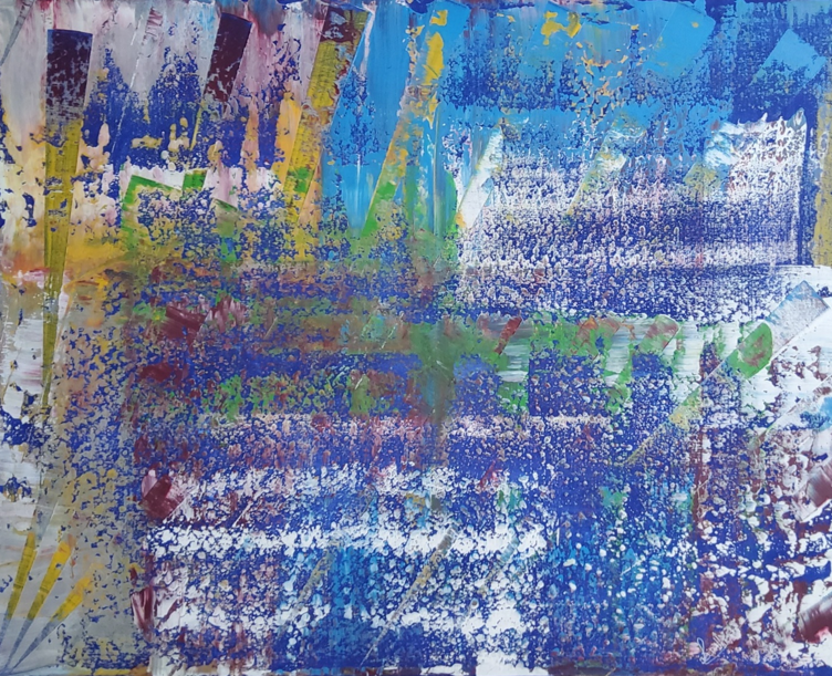 Abstraktes Bild ind Blau, Weiß, Gelb, Rot